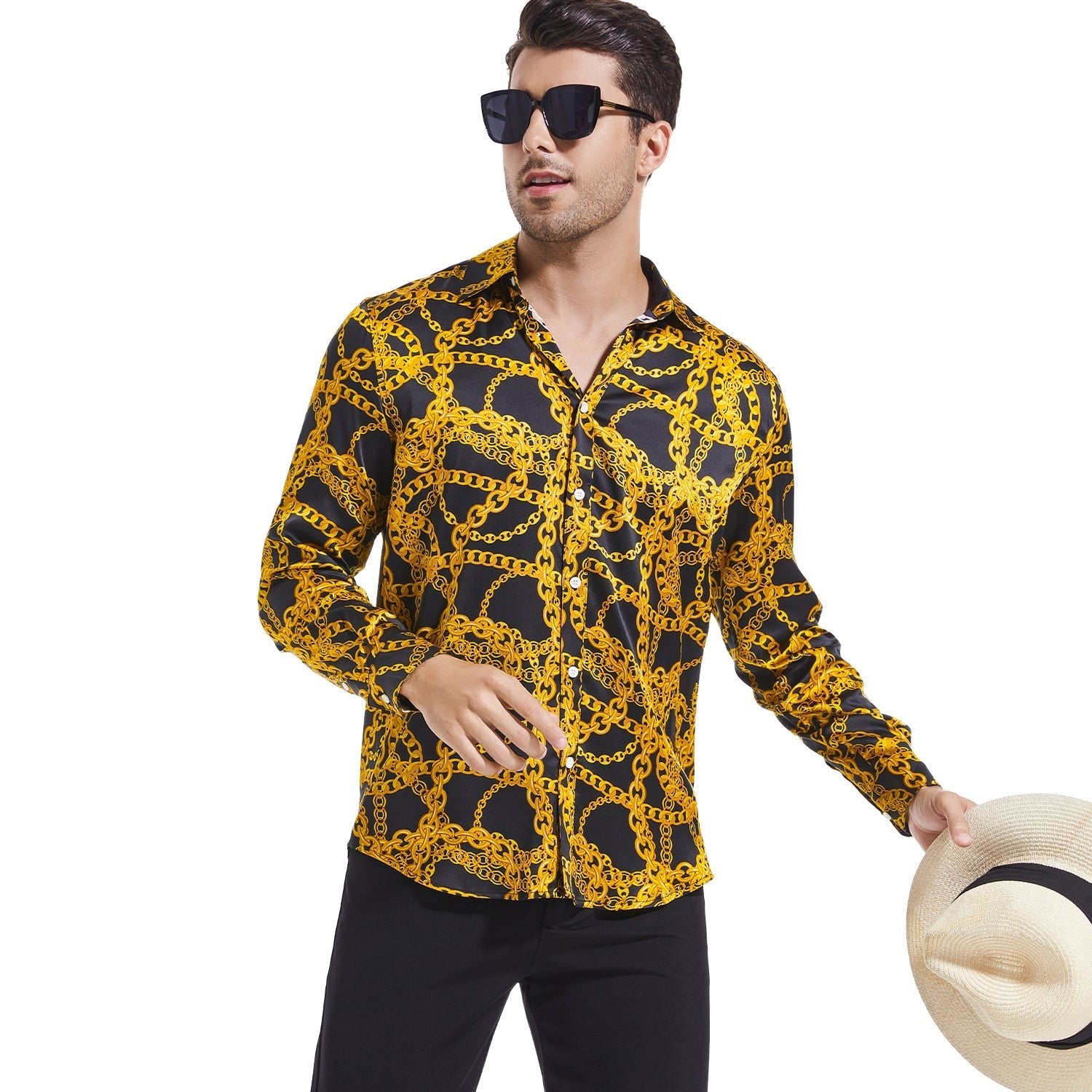 Men's Luxury Gold Chains Print Button Down Long Sleeve Silk Dress Shirt - slipintosoft