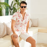 Men's Silk T Shirt Floral Print Short Sleeve White Silk Dress Shirt - slipintosoft