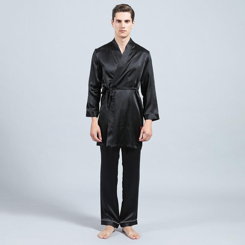 22MM Long Sleeves Mens Silk Pajamas Set 2 Piece Robe & Pant Set 100% Mulberry Silk PJS