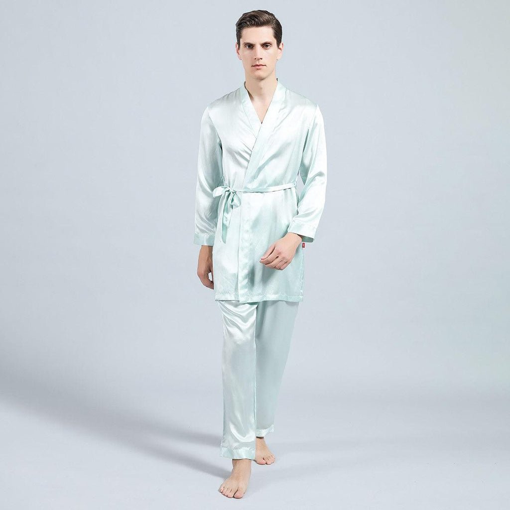 22MM Long Sleeves Mens Silk Pajamas Set 2 Piece Robe & Pant Set 100% Mulberry Silk PJS