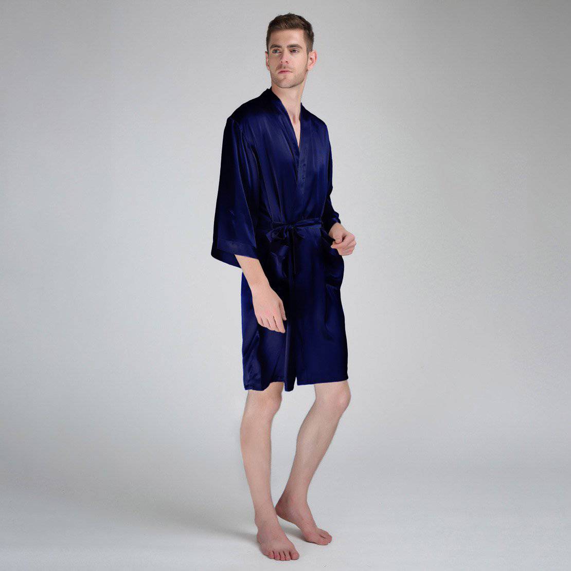 Short Men's Silk Robe Luxury Pure Silk Kimono Robe with Pockets Big and Tall Size -  slipintosoft