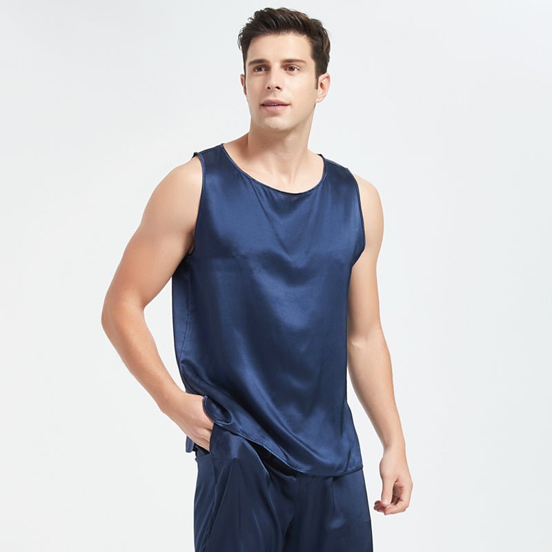 Mens Silk Tank Top Set Sleeveless Silk Sleepwear Pajamas Set