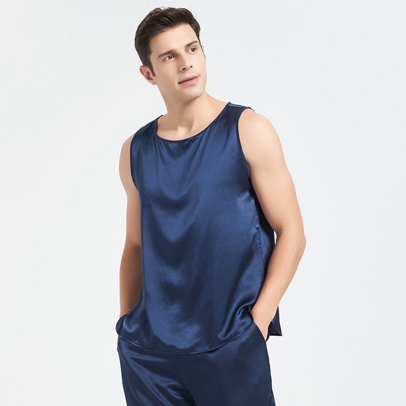 Mens Silk Tank Top Set Sleeveless Silk Sleepwear Pajamas Set