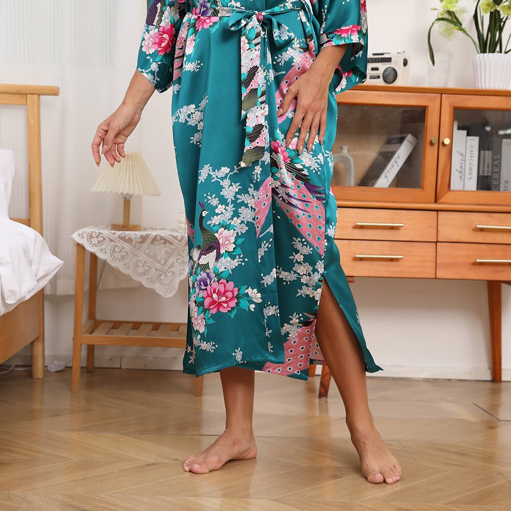 Peacock & Flowers Silk Kimono for Women Hand Painted silk Kimono - slipintosoft