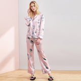 Pink Grey Floral Printed 2-Piece Long Sleeve Silk Pajamas Set - slipintosoft