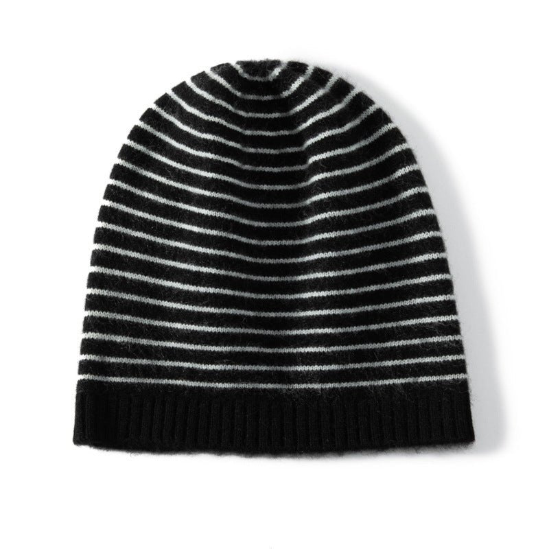 Pure Cashmere Cap with Ribbing Edge Cashmere Striped Cashmere Beanie Hat Cashmere Hats