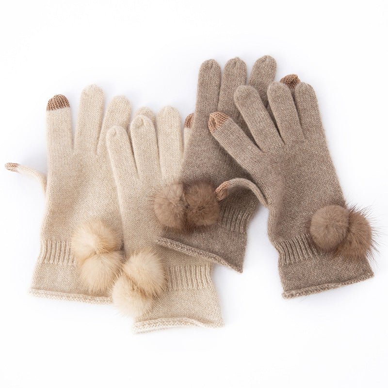 Pure Cashmere Women Full Fingers Gloves Touchscreen Cashmere Mittens with Fur Pom - slipintosoft