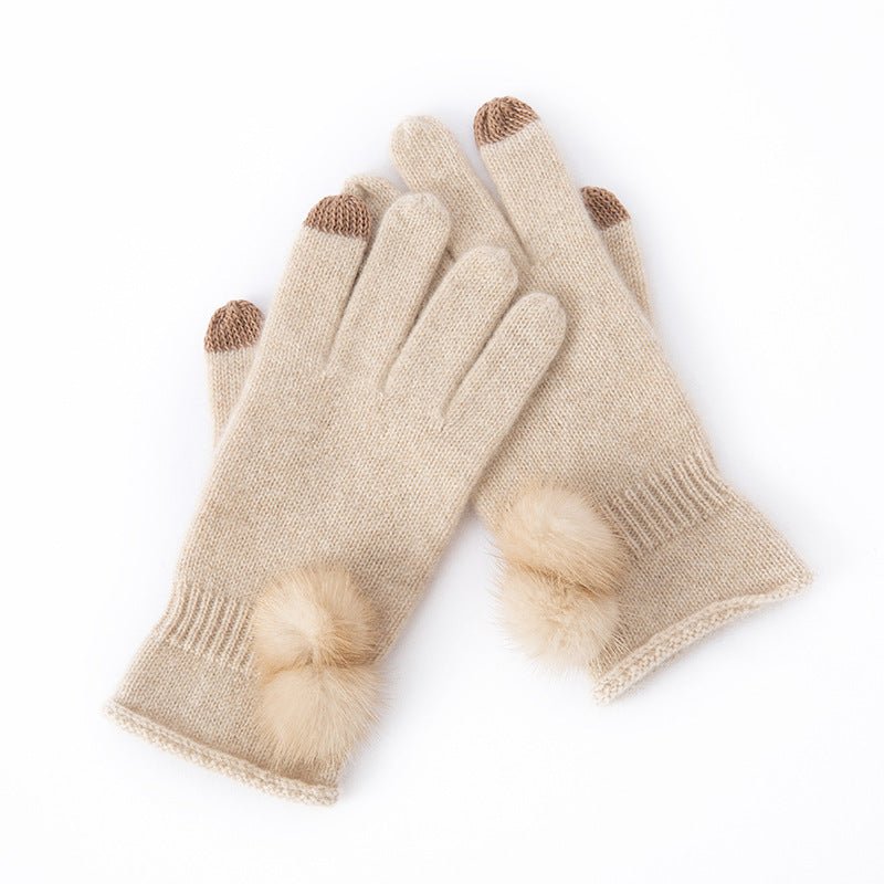 Pure Cashmere Women Full Fingers Gloves Touchscreen Cashmere Mittens with Fur Pom - slipintosoft