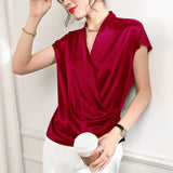 Womens Short Sleeves Wrap Silk Blouse Tops - slipintosoft