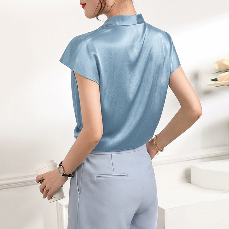 Womens Short Sleeves Wrap Silk Blouse Tops - slipintosoft