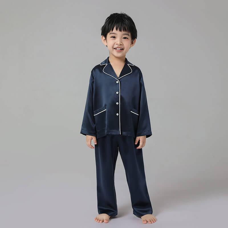 19 Momme Boys Long Silk Pajamas Set Kids' Classic PJS White/ Black Trimming 6 Colors -  slipintosoft