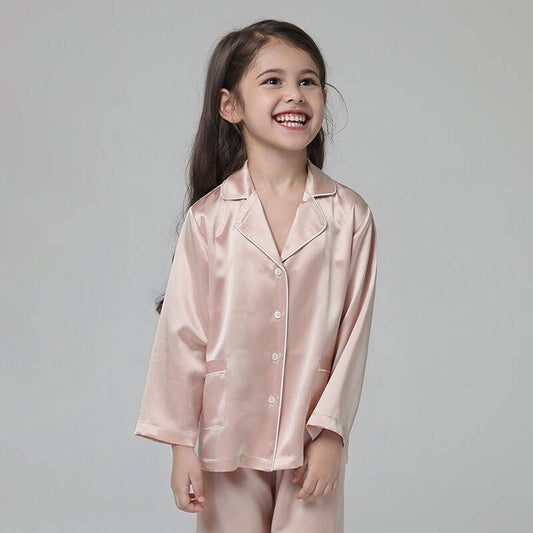 19 Momme Kid's Silk Pajamas Set Girls' Cute Long Sleeves Nighties with White Trimming -  slipintosoft