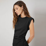 Silk Premium Fitted Shoulder PAD Dress Ladies Elegant Lenth Silk Dress Black S