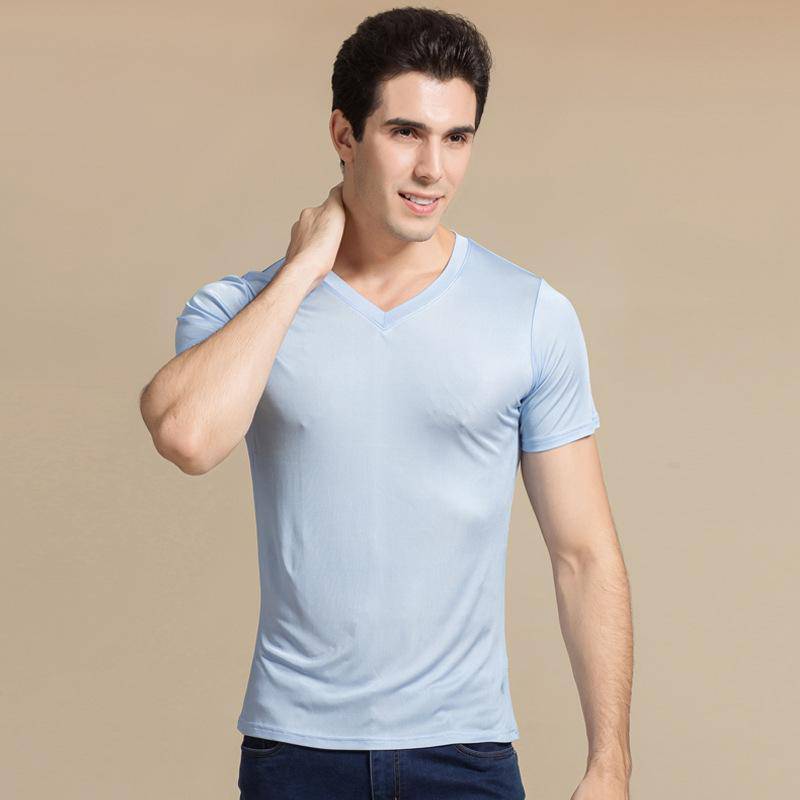 Silk Tee For Mens Mulberry Silk Knitted V Neck T Shirts Short Sleeve Undershirts Silk Shirts for Men - slipintosoft