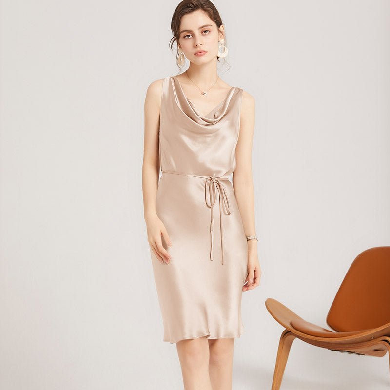 22 Momme Elegant Sleeveless Women's Silk Dress Cowl Neck Midi Silk Dress - slipintosoft