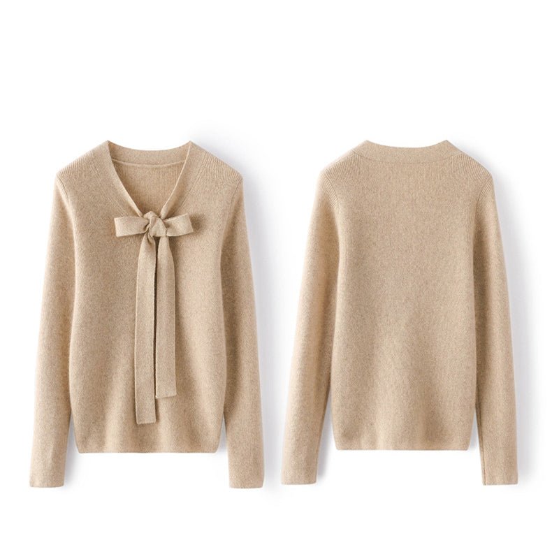 V Neck Cashmere Sweater For Women Tie Long Sleeve Cashmere Sweater - slipintosoft