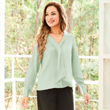 22 Momme V Neck & Ribbon Silk Blouse For Women Elegant Long Sleeves Silk Shirt - slipintosoft