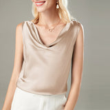 Versatile Ladies Silk Sleeveless Blouse 100% Mulberry Silk Cowl Collar Tops - slipintosoft