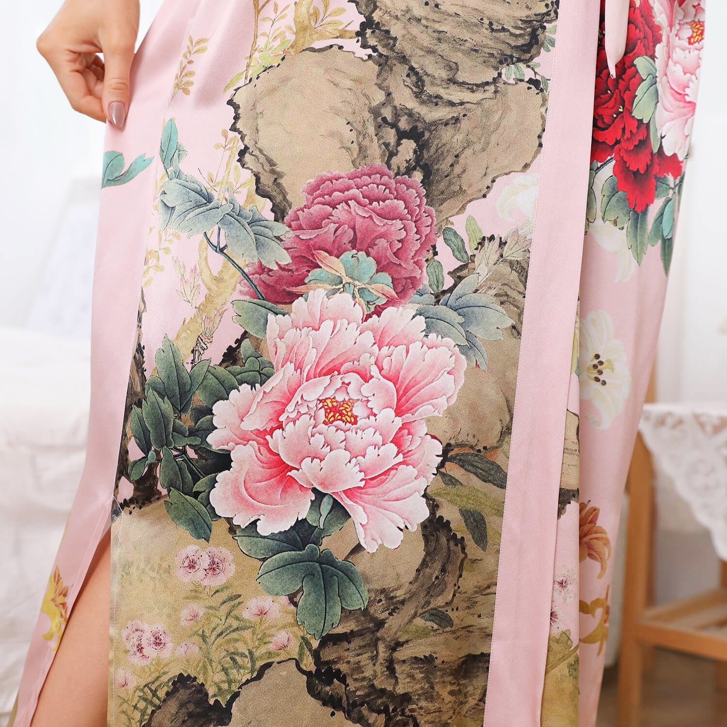 Vintage Floral Pattern Women Luxury Long 100% Pure Mulberry Silk Kimono Robe - slipintosoft