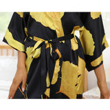 Long Sleeves 100% Pure Silk Kimono Robe Gold Ginkgo Leaf Nightwear for Ladies Women - slipintosoft