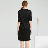 Women Black Silk Dresses Round Neck Short Sleeve 100% Mulberry Silk Dress - slipintosoft