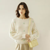 Women Crew Neck Cashmere Sweater Lantern Sleeve Embroidery Crochet Cashmere Tops Wool Cashmere Sweater