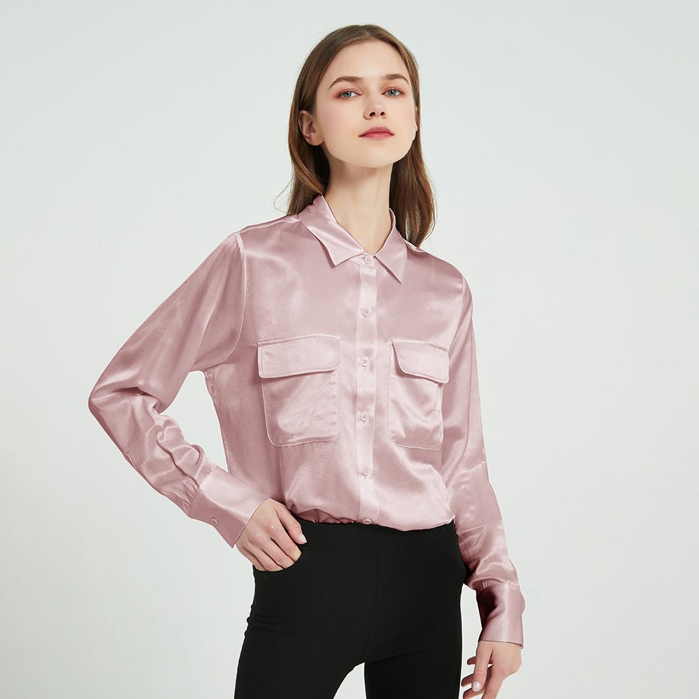 Women Silk Blouse 100% Pure Long Sleeve Silk Blouses with Flap Pockets - slipintosoft