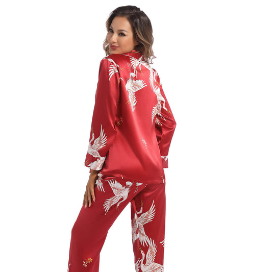 Women Silk Pigiamas Set Crane Stamping Ladies Nightwear Silk