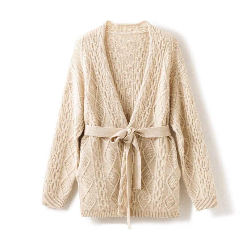 Women's 100% Cashmere Cardigan with Sash Cable-Knit Coat - slipintosoft