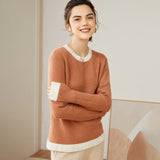 Women's 100% Cashmere Colorblock Knitted Jacquard Crewneck Sweater Camel XS