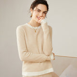 Women's 100% Cashmere Colorblock Knitted Jacquard Crewneck Sweater Beige XS