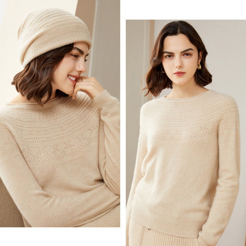 Women's 100% Superfine Cashmere Hollow-out knit Crewneck Sweater - slipintosoft