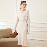 Womens Cashmere Ribbed Knit Wrap Dress Long Sleeve V Neck Midi Dresses