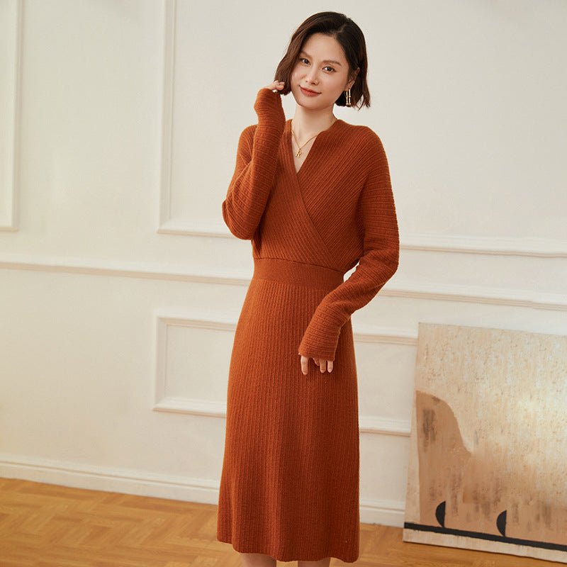 Womens Cashmere Ribbed Knit Wrap Dress Long Sleeve V Neck Midi Dresses