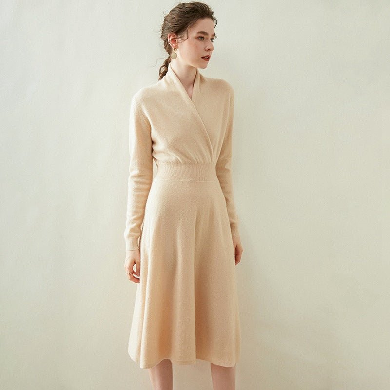 Women's A Line Cashmere Wrap Dress Tea Length Solid Cashmere Sweater Dresses Women Cashmere Dress