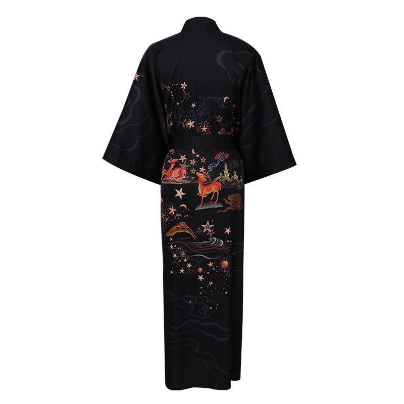 Women's Long Silk Kimono Robe with Belt Cute Deer Prints Silk Bath Robe All Sizes 4 Colors - slipintosoft