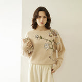 Womens Boat Neck Cashmere Sweater Embroidery Flowers Cashmere Pullover Wool Cashmere Sweater