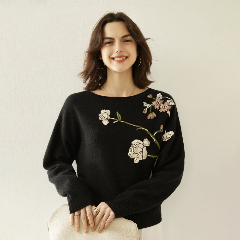 Womens Boat Neck Cashmere Sweater Embroidery Flowers Cashmere Pullover Wool Cashmere Sweater