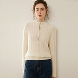 Womens Cable Knit Cashmere Sweater Half Zip Mock Neck Cashmere Pullover Ivory XS