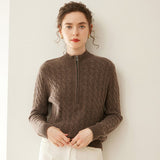 Womens Cable Knit Cashmere Sweater Half Zip Mock Neck Cashmere Pullover Brown XS