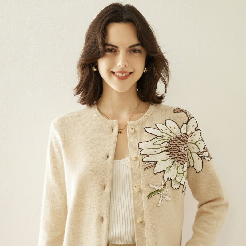 Womens Crew Neck Cashmere Cardigans Elegant Embroidery Sunflower Cashmere Coat Wool Cashmere Sweater