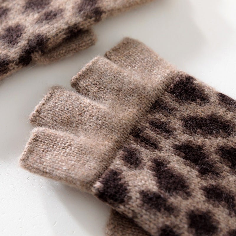 womens cute winter leopard print cashmere gloves cashmere knitted half - finger gloves - slipintosoft