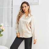 Women's Silk Blouse Lady Lapel Silk Shirt Office Work Long Sleeve Silk Shirt Tops - slipintosoft