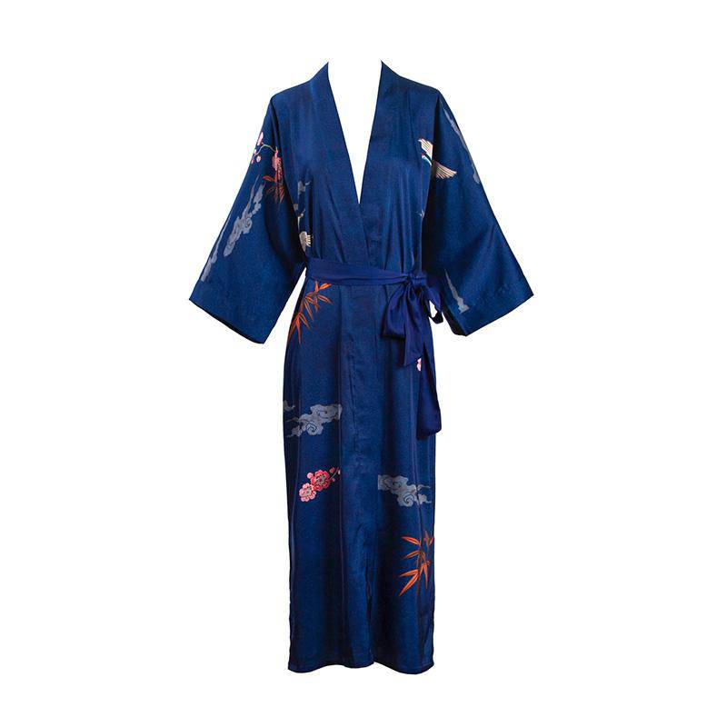 Long 100% Silk Kimono Robe Dark Blue Floral Printed  Women High Waist  Elegant Sleepwear Fancy Night Wears All Sizes -  slipintosoft