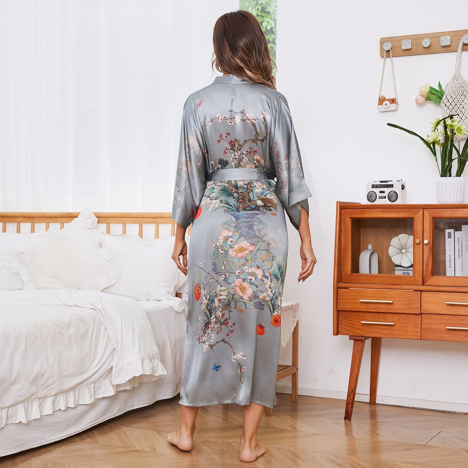 women's Flower Silk Kimono Robes Floral Printing 100% Silk Kimono - slipintosoft