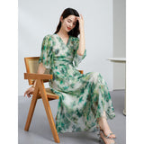 Womens Green Silk Chiffon Dress Silk Maxi Dress Silk Floral Dress Green XS