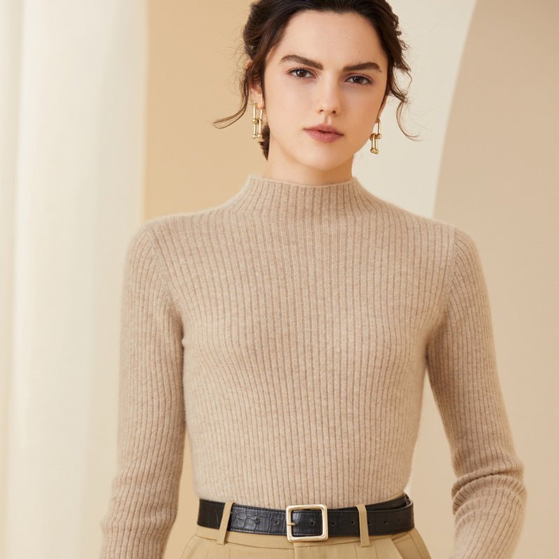 Womens Mock Neck Long Sleeves Ribbed Cashmere Sweater