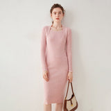 Womens Cashmere Ribbed Knit Midi Dress Long Sleeve Square Neck Dress