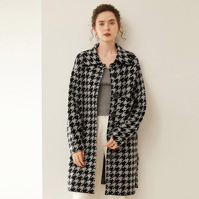 Women's Lapel Neck Cashmere Cardigan Button - down Houndstooth Pattern Cashmere Coat - slipintosoft