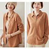 Women's Polo Neck Cashmere Cardigan Button Front Pocket Long Sleeve Cashmere Tops - slipintosoft